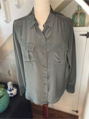 J. Crew Silk Slate Gray Button-Up Blouse Sz 12 *flaw*